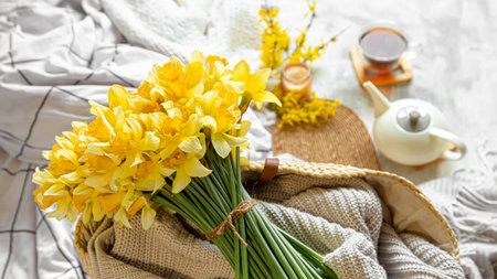 Spring still life with a Cup of tea and flowers . Light background, blooming and cozy house.