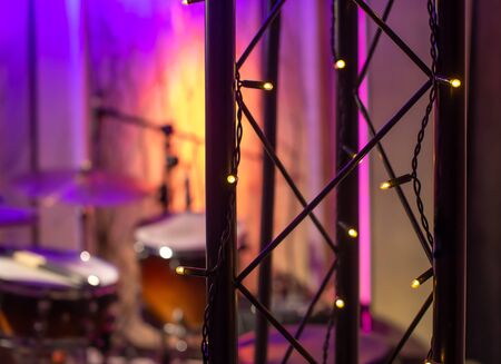 Drums, cymbals, hi hat on a beautiful background in the recording Studio. Room for musicians ' rehearsals. The concept of musical creativity and show business.の写真素材