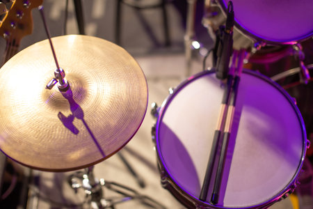 Drums, cymbals, hi hat on a beautiful background in the recording Studio. Room for musicians '...
