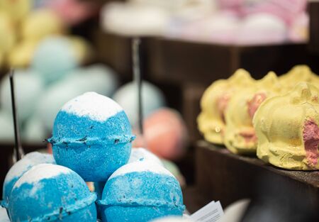 Handmade cosmetics, salt bright scented bath bombs. The concept of body care.の写真素材