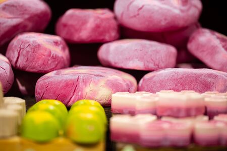 Showcase with organic handmade cosmetics. Concept of body care and Spa treatments.の写真素材