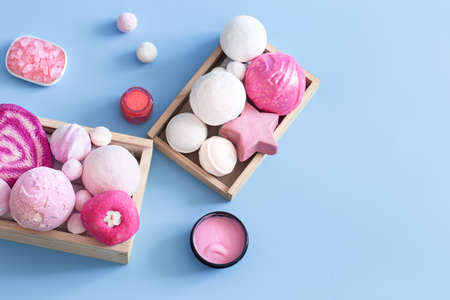 Spa composition with body care items on a colored background. Spa and body care concept. Flatlayの写真素材