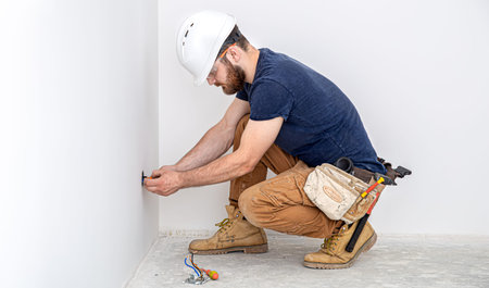 Electrician Builder at work, installation of sockets and switches. Professional in overalls with an...