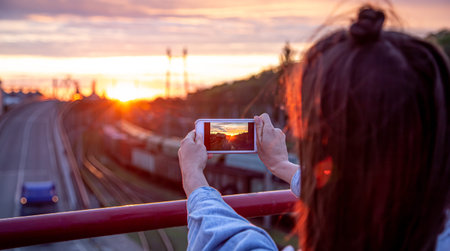 A young woman photographs a beautiful sunset from a bridge on her phone.
