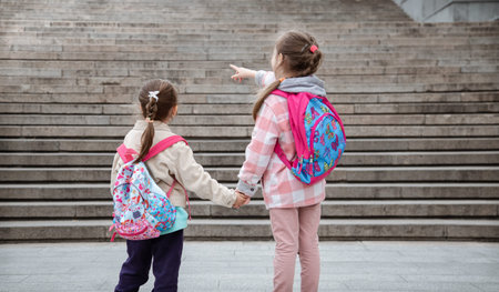 Back to school, Two girls hold hands and walk to school with a briefcase on their back.