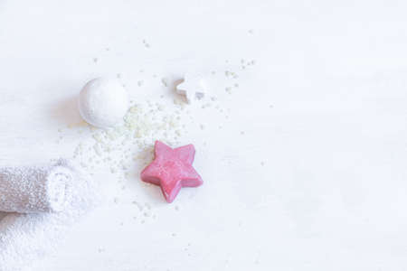 Spa composition on a white background with body care items. Concept of Spa-cosmetic products.の写真素材