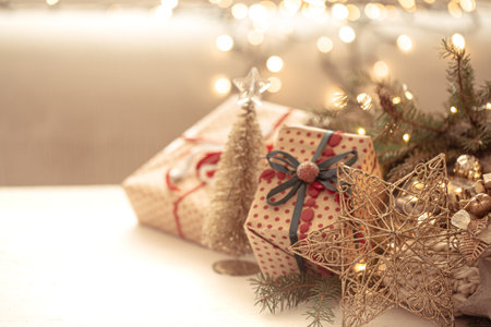 Festive composition with christmas decor on blurred background copy space.