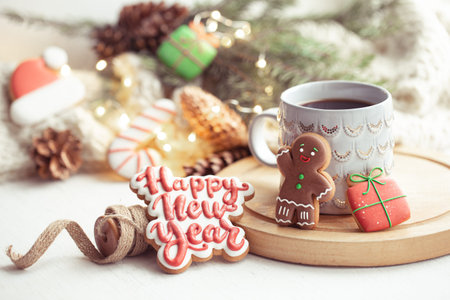 Beautiful cup with handmade gingerbread cookies covered with glaze close up on a cozy blurred background with lights.の写真素材