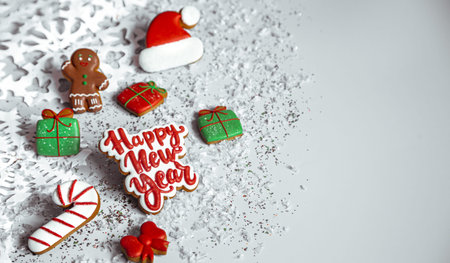 Winter background with decorated with glaze gingerbread, snowflakes and confetti top view. Happy new year and christmas concept.の写真素材