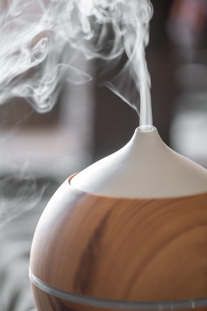Essential oil aroma diffuser humidifier diffusing water articles in the air.