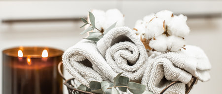 Cozy composition with clean bath towels. Hygiene and body care concept.の写真素材