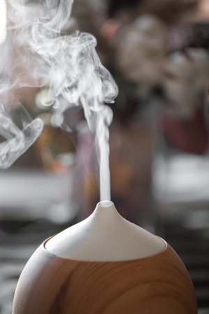 Essential oil aroma diffuser humidifier diffusing water articles in the air.