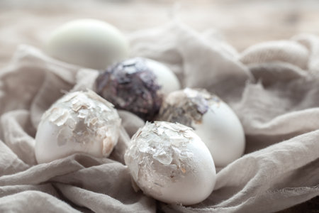 Minimalist traditional Easter eggs close up. Creative Easter decor concept.の写真素材