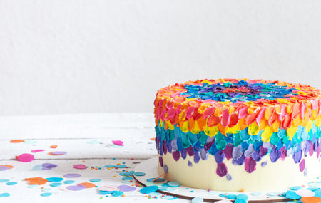 Multicolored birthday cake decorated with cream. Birthday party concept.の写真素材