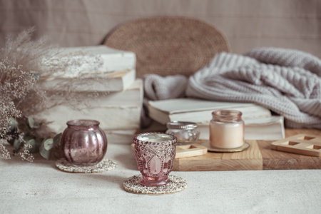 Close up of miniature candlesticks for candles. Home decor and comfort concept.の写真素材