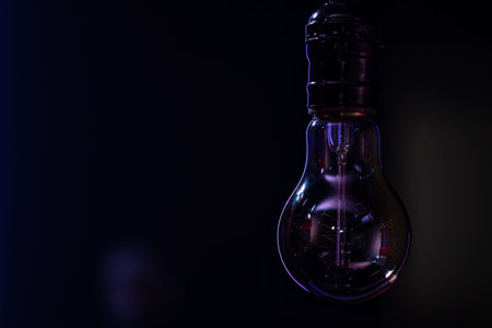 A non-luminous lamp hangs in the dark blurred background copy space.