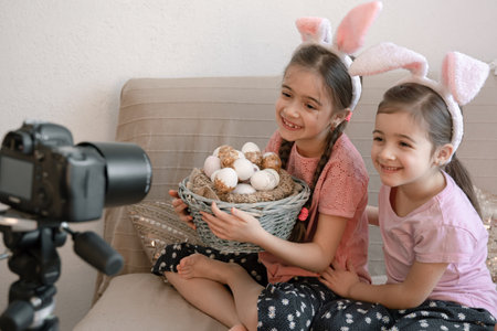 Little sisters in bunny ears pose for the camera with a basket of holiday eggs. The concept of preparing for the Easter holiday.の写真素材