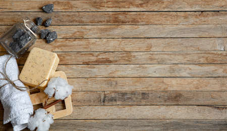 Still life with natural body care products top view. Hygiene, health and beauty concept.の写真素材