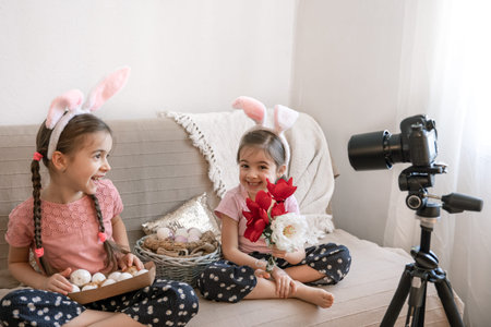 Little sisters with bunny ears pose for the camera with Easter eggs and flowers for decoration. Easter photo session concept.の写真素材