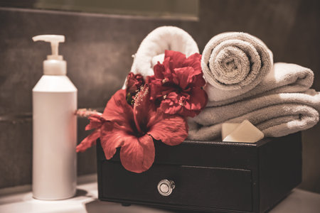 Spa composition with rolled clean towels, fresh flowers and a care product in a bottle with a...