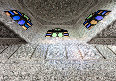 Ceiling with stained glass windows and many ornaments and details in a traditional oriental style...