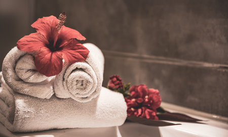 Spa composition with rolled clean towels and fresh flowers in the bathroom.の写真素材