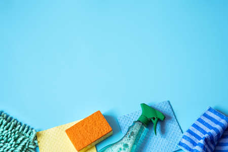 Colorful composition with sponges, rags, gloves and detergent for general cleaning. Cleaning service concept.の写真素材