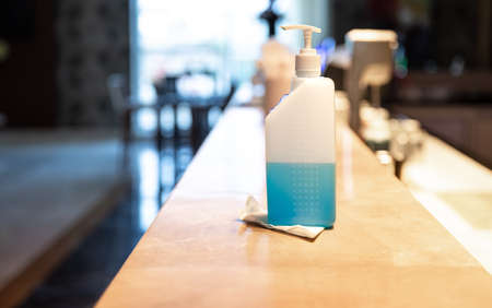 Antiseptic hand sanitizer gel on the blurred background, corona virus prevention medical hand sanitizer gel, hydro alcoholic.の写真素材