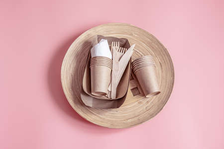 A set of environmentally friendly organic dishes. The concept of caring for ecology and awareness.の写真素材