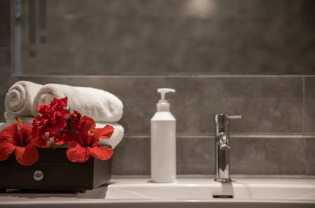 Spa composition with rolled clean towels, fresh flowers and a care product in a bottle with a dispenser on the washbasin in the bathroom.の写真素材