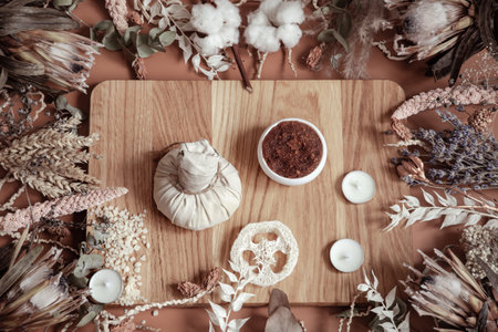 Composition with dried wildflowers and body care products on a wooden element in the center.の写真素材