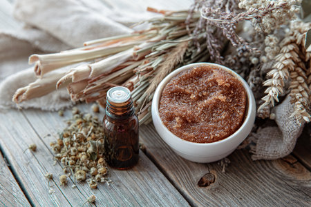 Spa composition with natural body care products in a rustic style.の写真素材