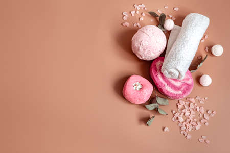 Spa still life with bath bombs, sea salt and towel flat lay.の写真素材