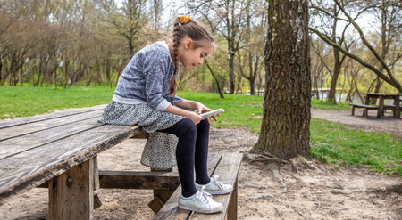 A little girl checks her phone, not paying attention to the beautiful nature around.