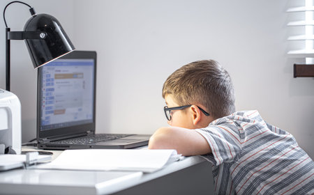 An elementary school student sits at a desk with a laptop, studies at school online.