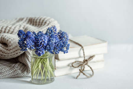 Spring composition with muscari flowers in a glass vase on a blurred background.の写真素材