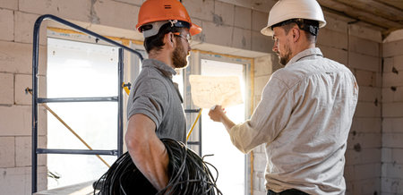 Two builder engineers talking at building site, engineer explaining a drawing to a worker.