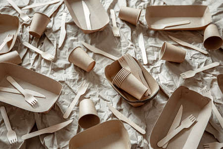Eco-friendly disposable tableware used in fast food, restaurants, takeaways, picnics.の写真素材
