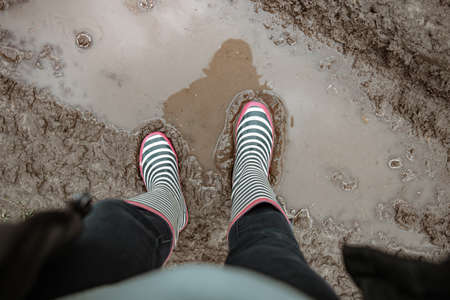 Close-up of rubber boots in a swamp after rain.の写真素材
