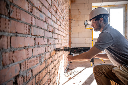 Handyman at a construction site in the process of drilling a wall with a perforator.