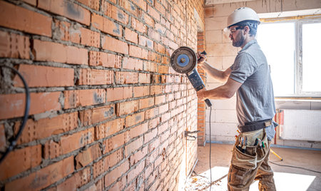 A professional builder in work clothes works with a cutting tool.