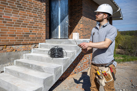 An electrician holds a construction drawing in his hands and inspects a working object.