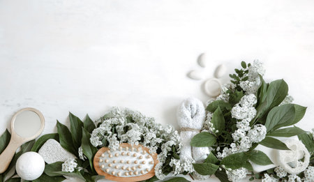 Spa still life with bath accessories, health and beauty products with fresh flowers.