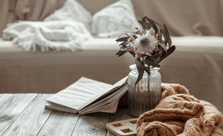 Composition with a book, a dry flower and a knitted element in the interior of the room.の写真素材