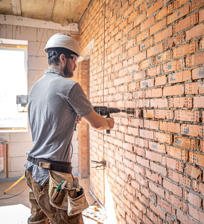 Handyman at a construction site in the process of drilling a wall with a perforator.の写真素材