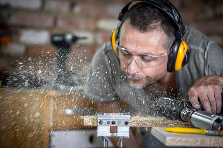 A professional carpenter in the process of drilling wood, blows away the rest of the wood.