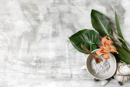 Background with natural ingredients of a powder consistency for the preparation of a mask for skin care.の写真素材