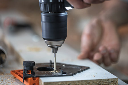 Screwing a self-tapping screw into a metal fastening hole on a wood strip using a screwdriver, the...