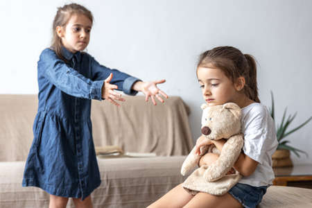Small children quarrel over toys. Friends and friendship problem. Quarrel and conflict.の写真素材
