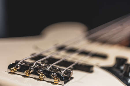 Guitar bass string details, close up of the iron strings on blurred background.の写真素材